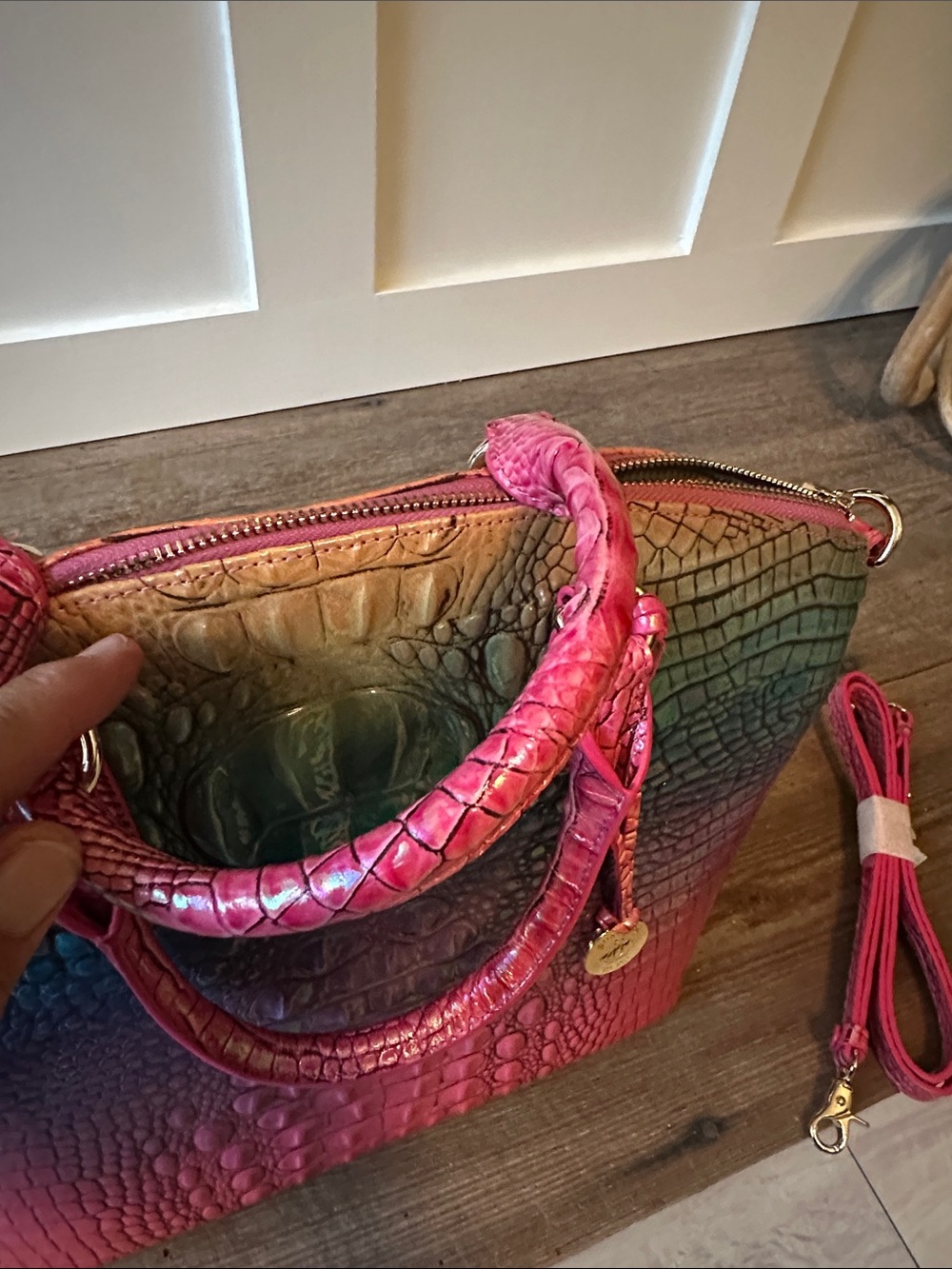 Brahmin Pink Teal Ombre Croc-Embossed Satchel - Picture 9 of 9